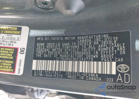 2019 Toyota Corolla Le from USA, damaged, VIN 2T1BURHE0KC242779